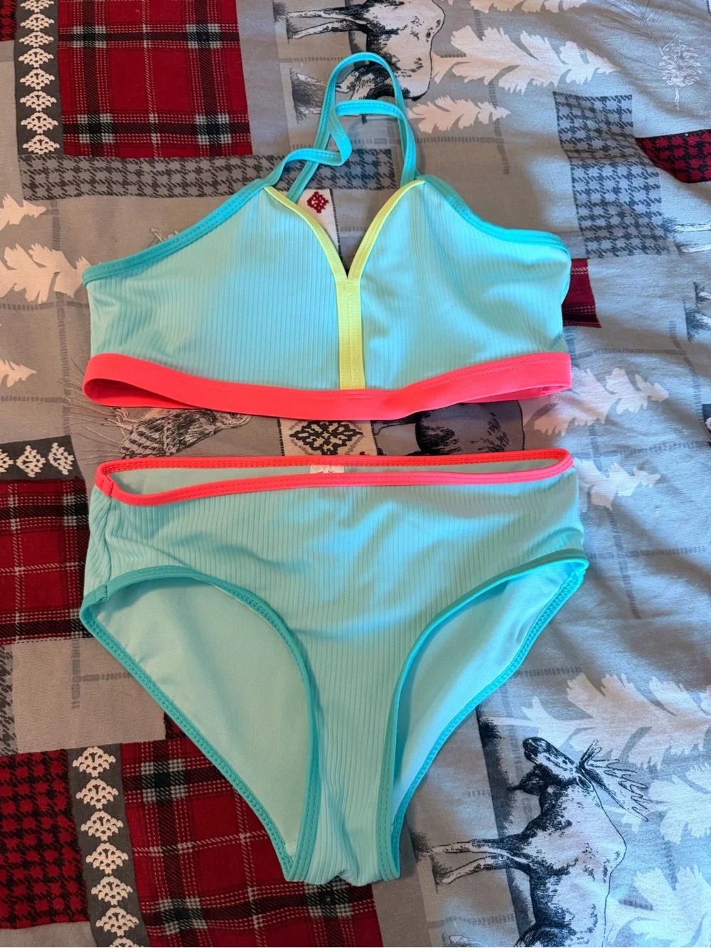 Justice Aqua Two-Piece Swim Set with Coral & Yellow Accents